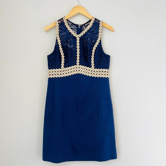 Lilly Pulitzer NWT Leigh Stretch Shift Dress True Navy & Gold Lace Detail Sz 6 - Picture 4 of 16